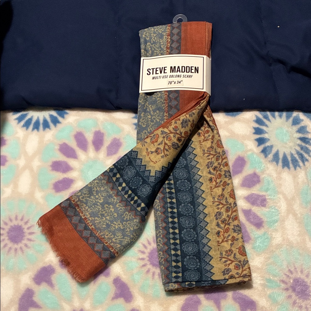 Steve Madden Blue and Orange Patterned Scarf 70” x 34”
